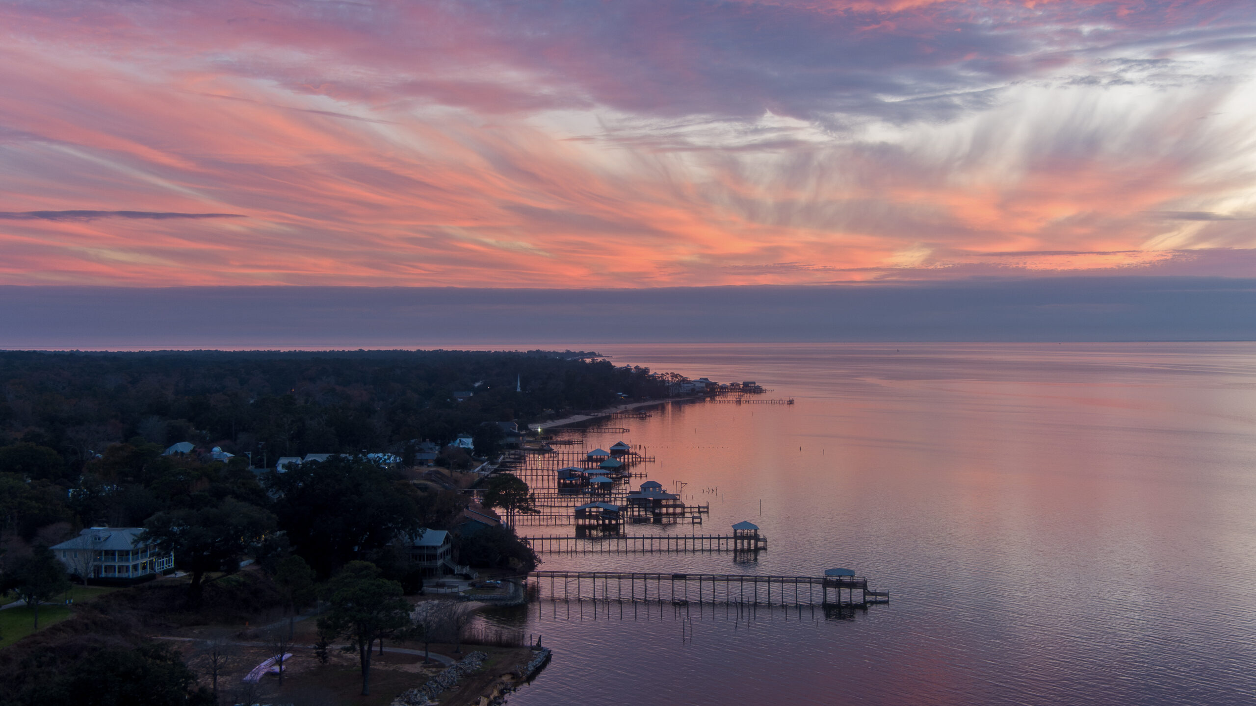 Aerial view of waterfront homes in Alanton, Virginia Beach
